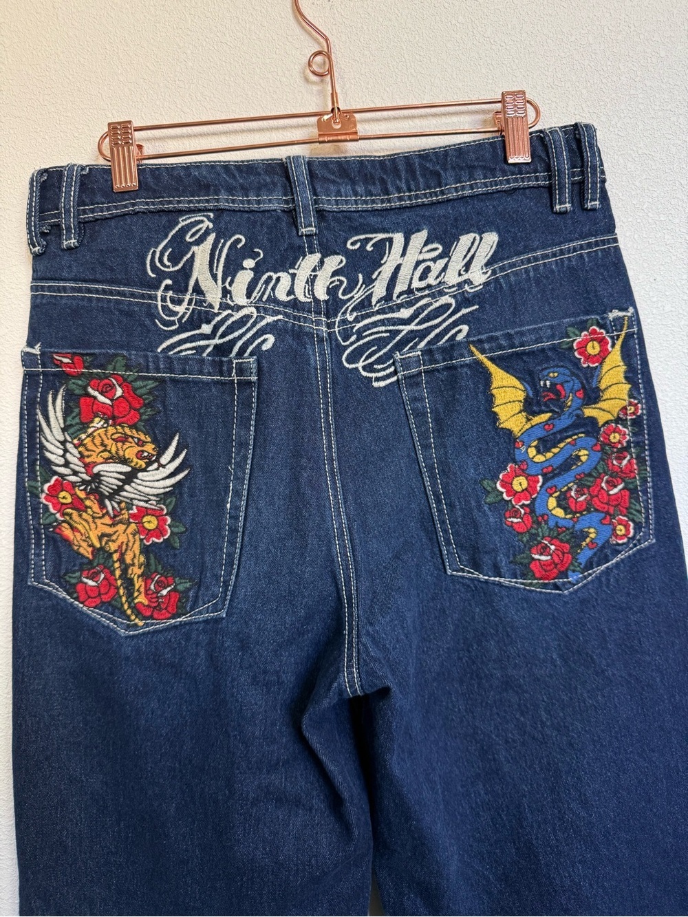 Ninth Idle Hall Y2K Wide Leg Jeans Embroidered Flame Rose Dark Wash Sz 6 - Picture 7 of 15
